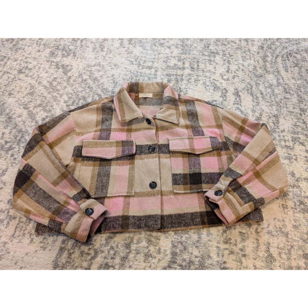 Elan Plaid Cropped Shacket Pink Beige Jacket Button Front Neutral Women's Medium
